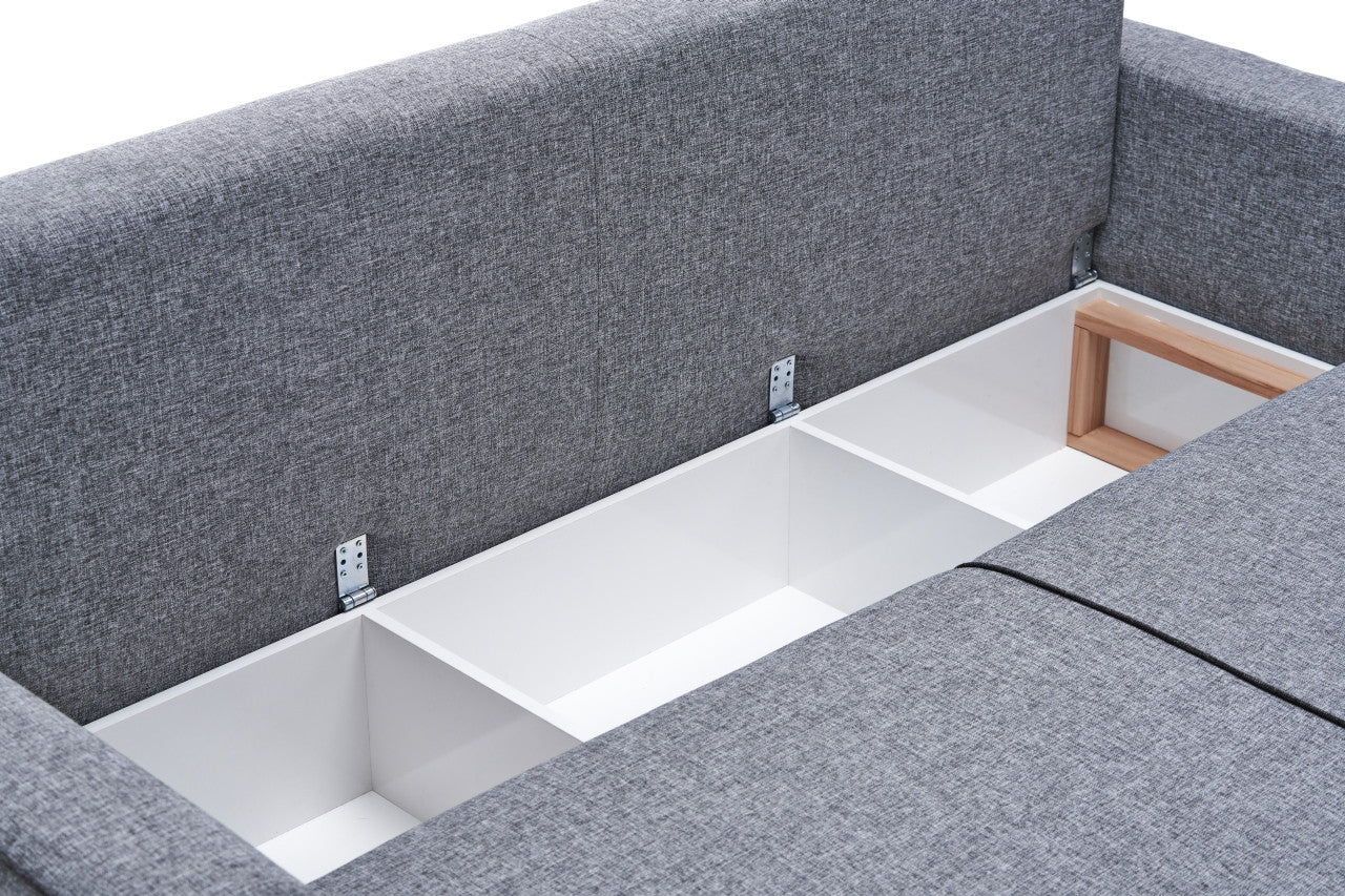 Sofá-cama de canto moderno, cinza, 242 cm | Estrutura em madeira de abeto e MDF, 100% poliéster, fácil de limpar | Tamanho da cama: 200 x 150 cm, design escandinavo elegante