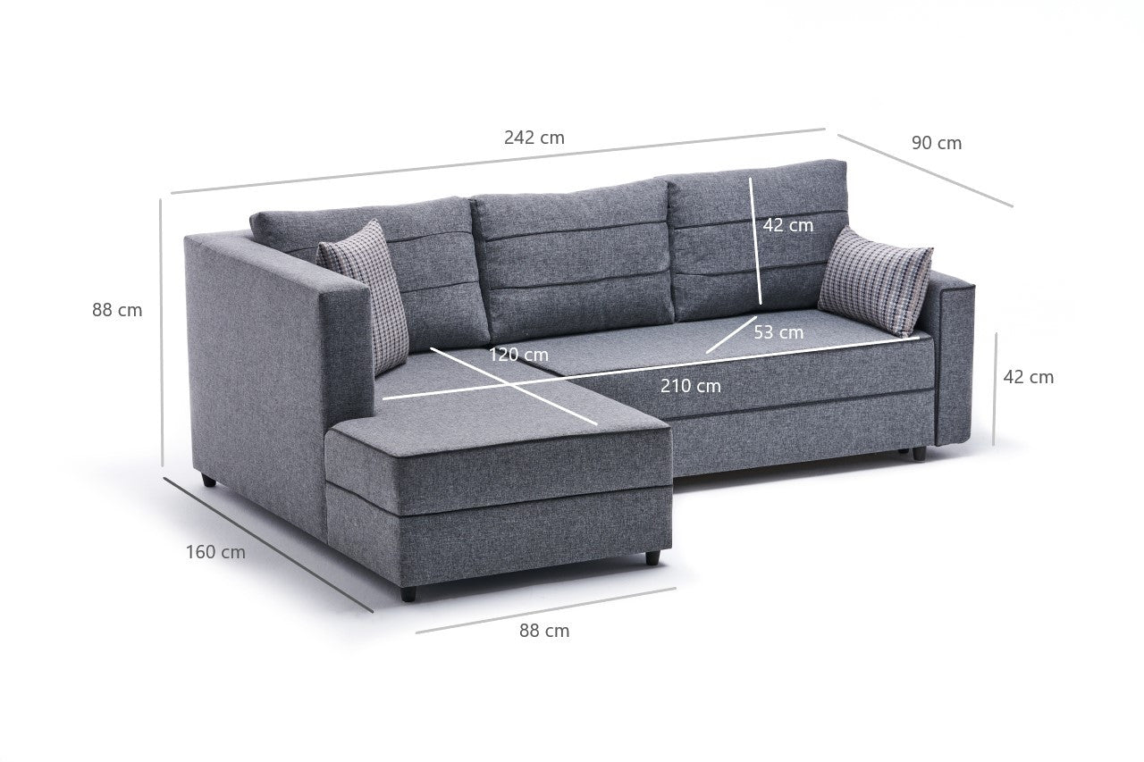 Sofá-cama de canto moderno, cinza, 242 cm | Estrutura em madeira de abeto e MDF, 100% poliéster, fácil de limpar | Tamanho da cama: 200 x 150 cm, design escandinavo elegante