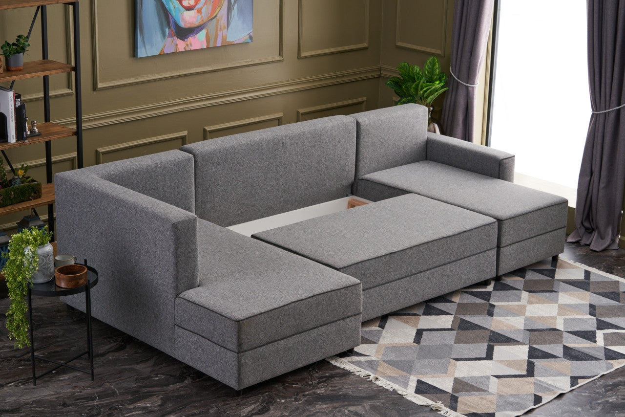 Sofá-cama de canto moderno, cinza, 315 cm | Estrutura em madeira de abeto e MDF, 100% poliéster, fácil de limpar | Tamanho da cama: 200 x 150 cm, design escandinavo elegante