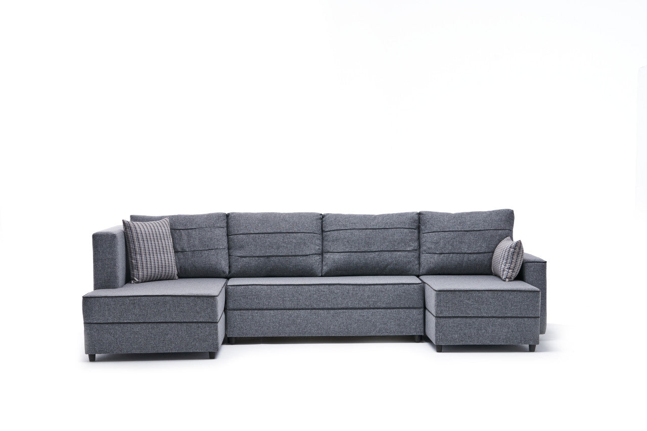 Sofá-cama de canto moderno, cinza, 315 cm | Estrutura em madeira de abeto e MDF, 100% poliéster, fácil de limpar | Tamanho da cama: 200 x 150 cm, design escandinavo elegante