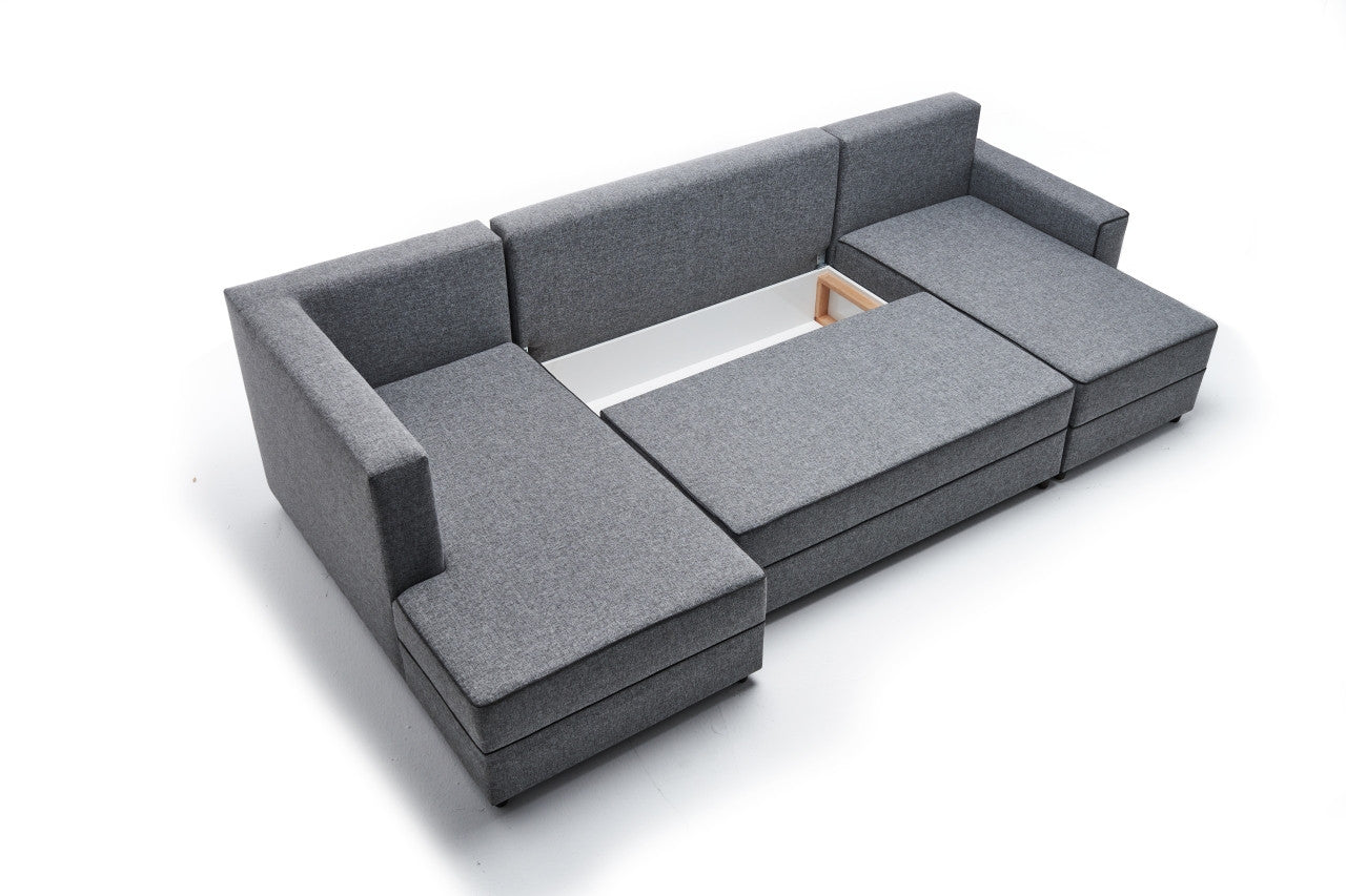 Sofá-cama de canto moderno, cinza, 315 cm | Estrutura em madeira de abeto e MDF, 100% poliéster, fácil de limpar | Tamanho da cama: 200 x 150 cm, design escandinavo elegante