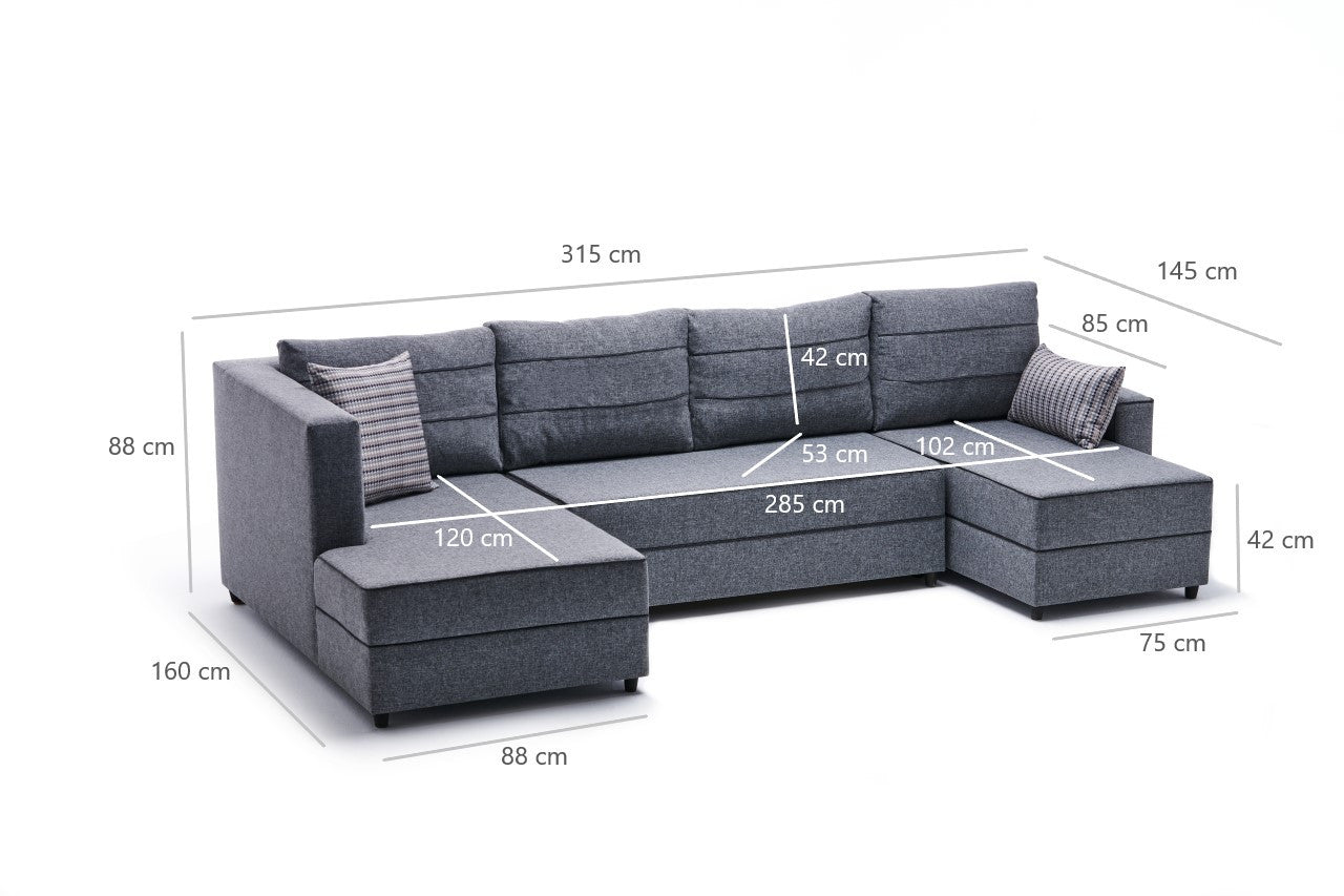 Sofá-cama de canto moderno, cinza, 315 cm | Estrutura em madeira de abeto e MDF, 100% poliéster, fácil de limpar | Tamanho da cama: 200 x 150 cm, design escandinavo elegante