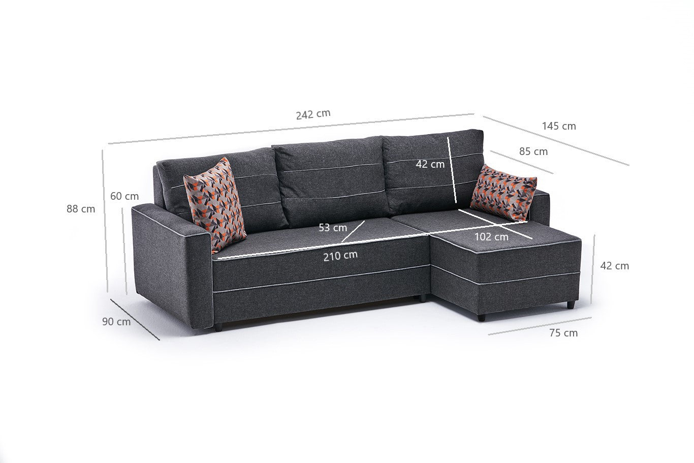 Sofá-cama de canto moderno, antracite, 242 cm | Estrutura em madeira de abeto e MDF, 100% poliéster, fácil de limpar | Tamanho da cama: 200 x 150 cm, design elegante e funcional