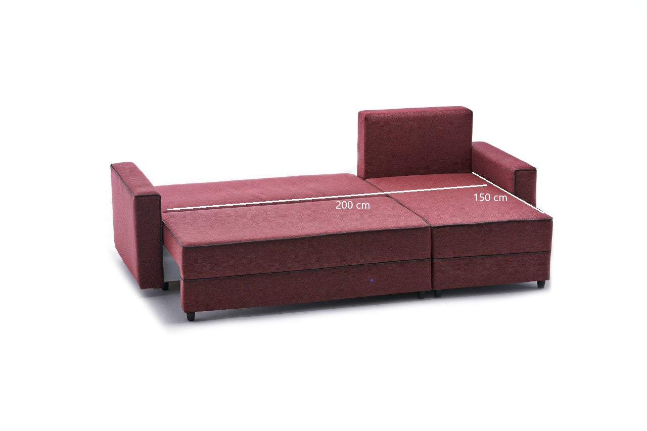 Sofá-cama de canto vermelho Claret, 242 cm | Estrutura em madeira de abeto e MDF, 100% poliéster | Fácil de limpar, design moderno, tamanho da cama: 200 x 150 cm, assentos confortáveis