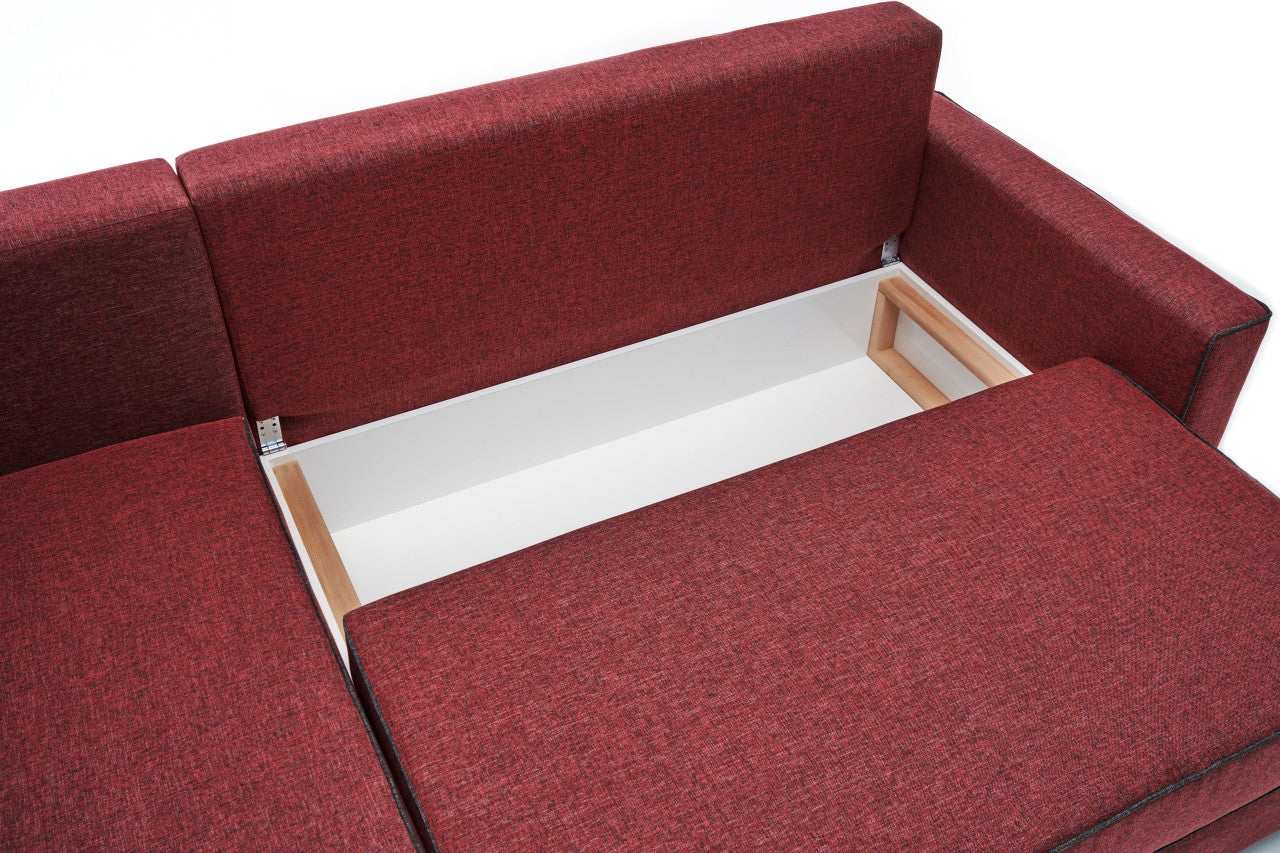 Sofá-cama de canto vermelho Claret, 242 cm | Estrutura em madeira de abeto e MDF, 100% poliéster | Fácil de limpar, design moderno, tamanho da cama: 200 x 150 cm, assentos confortáveis