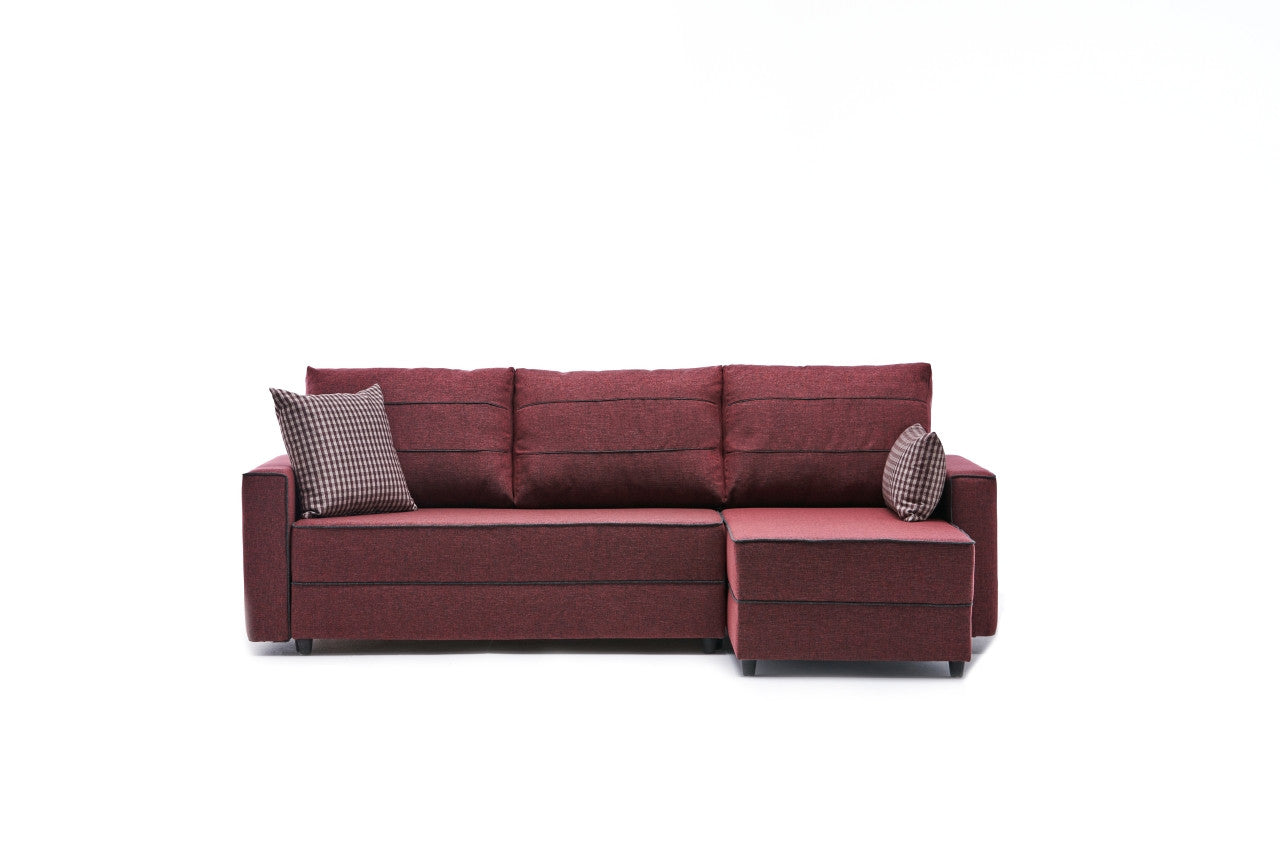 Sofá-cama de canto vermelho Claret, 242 cm | Estrutura em madeira de abeto e MDF, 100% poliéster | Fácil de limpar, design moderno, tamanho da cama: 200 x 150 cm, assentos confortáveis