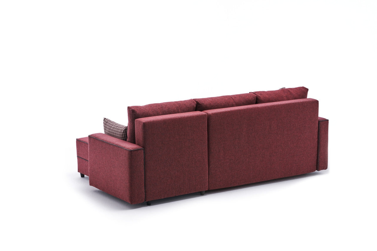 Sofá-cama de canto vermelho Claret, 242 cm | Estrutura em madeira de abeto e MDF, 100% poliéster | Fácil de limpar, design moderno, tamanho da cama: 200 x 150 cm, assentos confortáveis