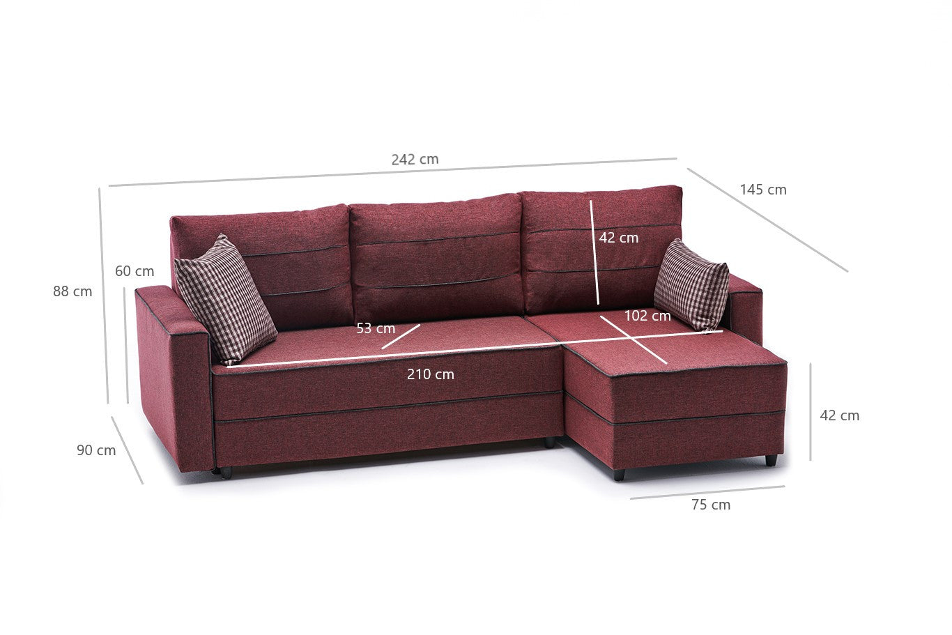 Sofá-cama de canto vermelho Claret, 242 cm | Estrutura em madeira de abeto e MDF, 100% poliéster | Fácil de limpar, design moderno, tamanho da cama: 200 x 150 cm, assentos confortáveis