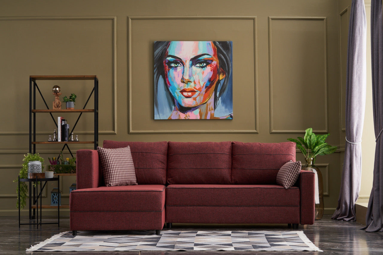Sofá-cama de canto vermelho Claret, 242 cm | Estrutura em madeira de abeto e MDF, 100% poliéster | Fácil de limpar, design moderno, tamanho da cama: 200 x 150 cm, assentos confortáveis