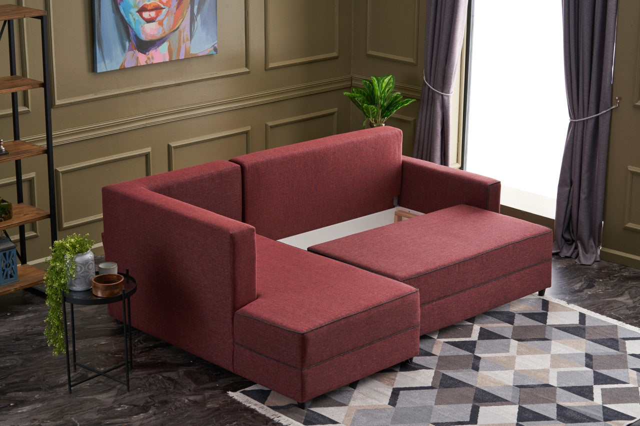 Sofá-cama de canto vermelho Claret, 242 cm | Estrutura em madeira de abeto e MDF, 100% poliéster | Fácil de limpar, design moderno, tamanho da cama: 200 x 150 cm, assentos confortáveis