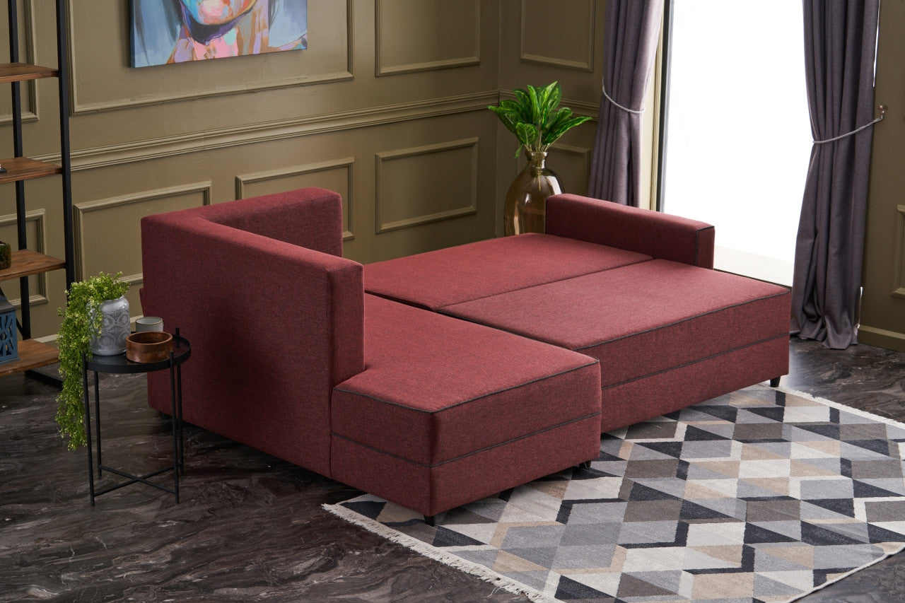 Sofá-cama de canto vermelho Claret, 242 cm | Estrutura em madeira de abeto e MDF, 100% poliéster | Fácil de limpar, design moderno, tamanho da cama: 200 x 150 cm, assentos confortáveis