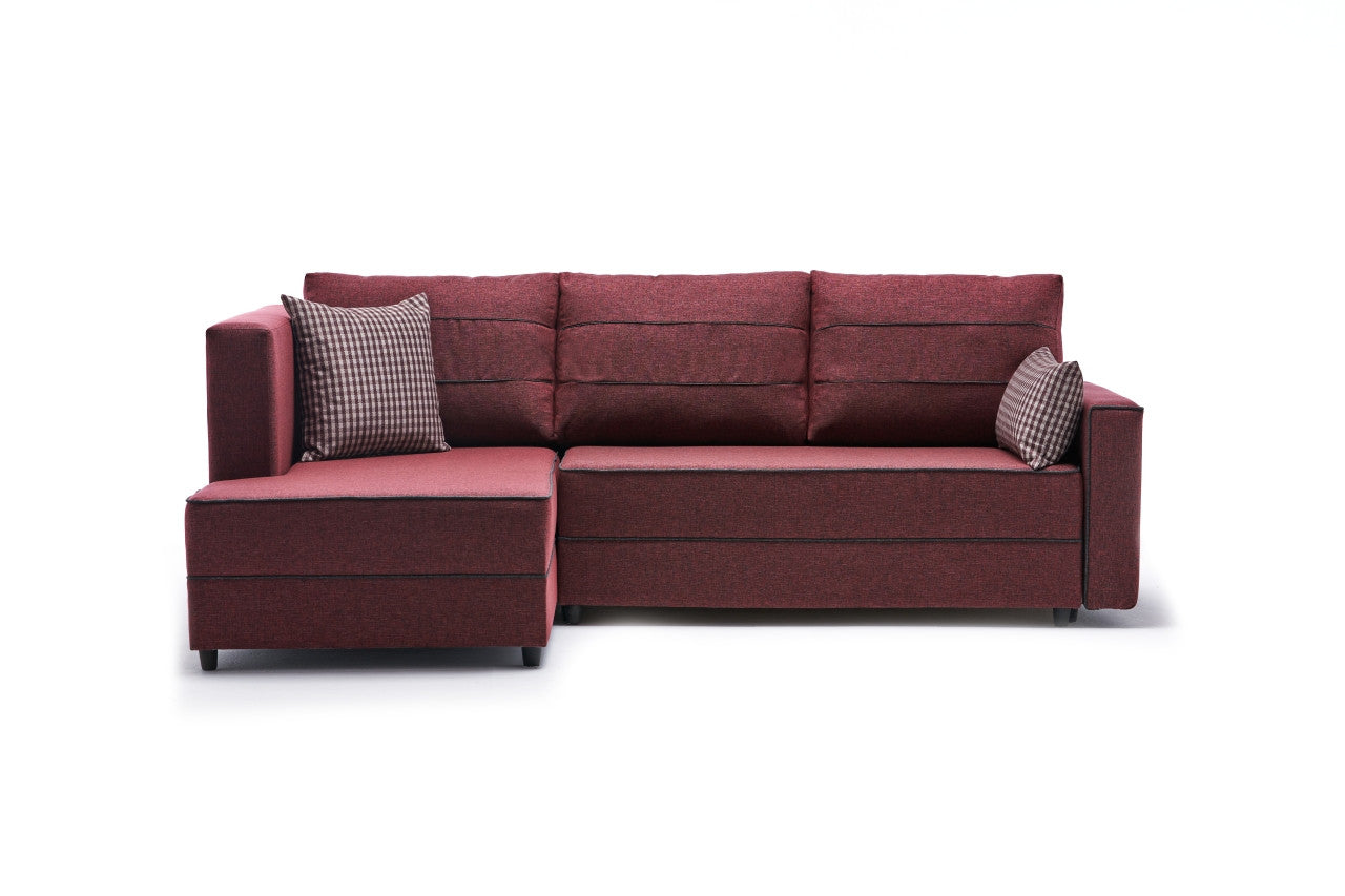 Sofá-cama de canto vermelho Claret, 242 cm | Estrutura em madeira de abeto e MDF, 100% poliéster | Fácil de limpar, design moderno, tamanho da cama: 200 x 150 cm, assentos confortáveis