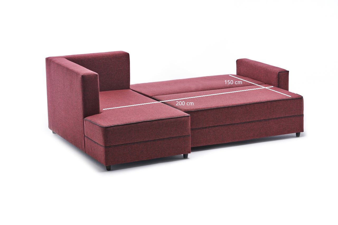 Sofá-cama de canto vermelho Claret, 242 cm | Estrutura em madeira de abeto e MDF, 100% poliéster | Fácil de limpar, design moderno, tamanho da cama: 200 x 150 cm, assentos confortáveis
