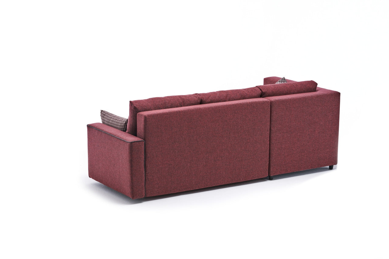 Sofá-cama de canto vermelho Claret, 242 cm | Estrutura em madeira de abeto e MDF, 100% poliéster | Fácil de limpar, design moderno, tamanho da cama: 200 x 150 cm, assentos confortáveis