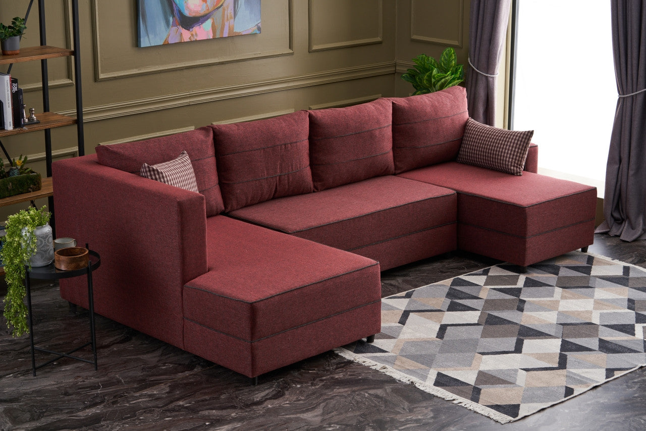Sofá-cama de canto vermelho Claret, 315 cm | Estrutura em madeira de abeto e MDF, 100% poliéster | Fácil de limpar, design moderno, tamanho de cama 200 x 150 cm, perfeito para salas de estar
