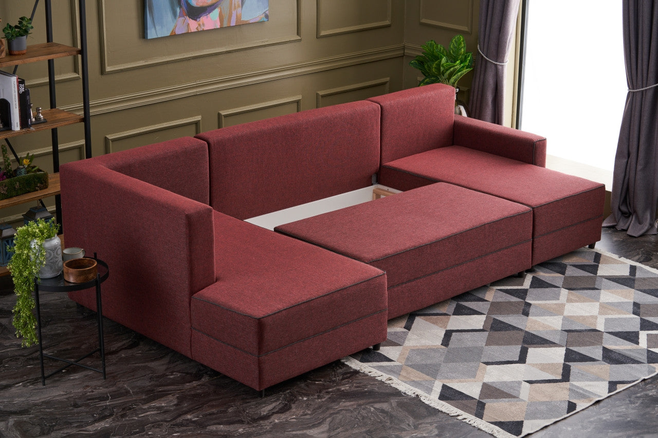 Sofá-cama de canto vermelho Claret, 315 cm | Estrutura em madeira de abeto e MDF, 100% poliéster | Fácil de limpar, design moderno, tamanho de cama 200 x 150 cm, perfeito para salas de estar