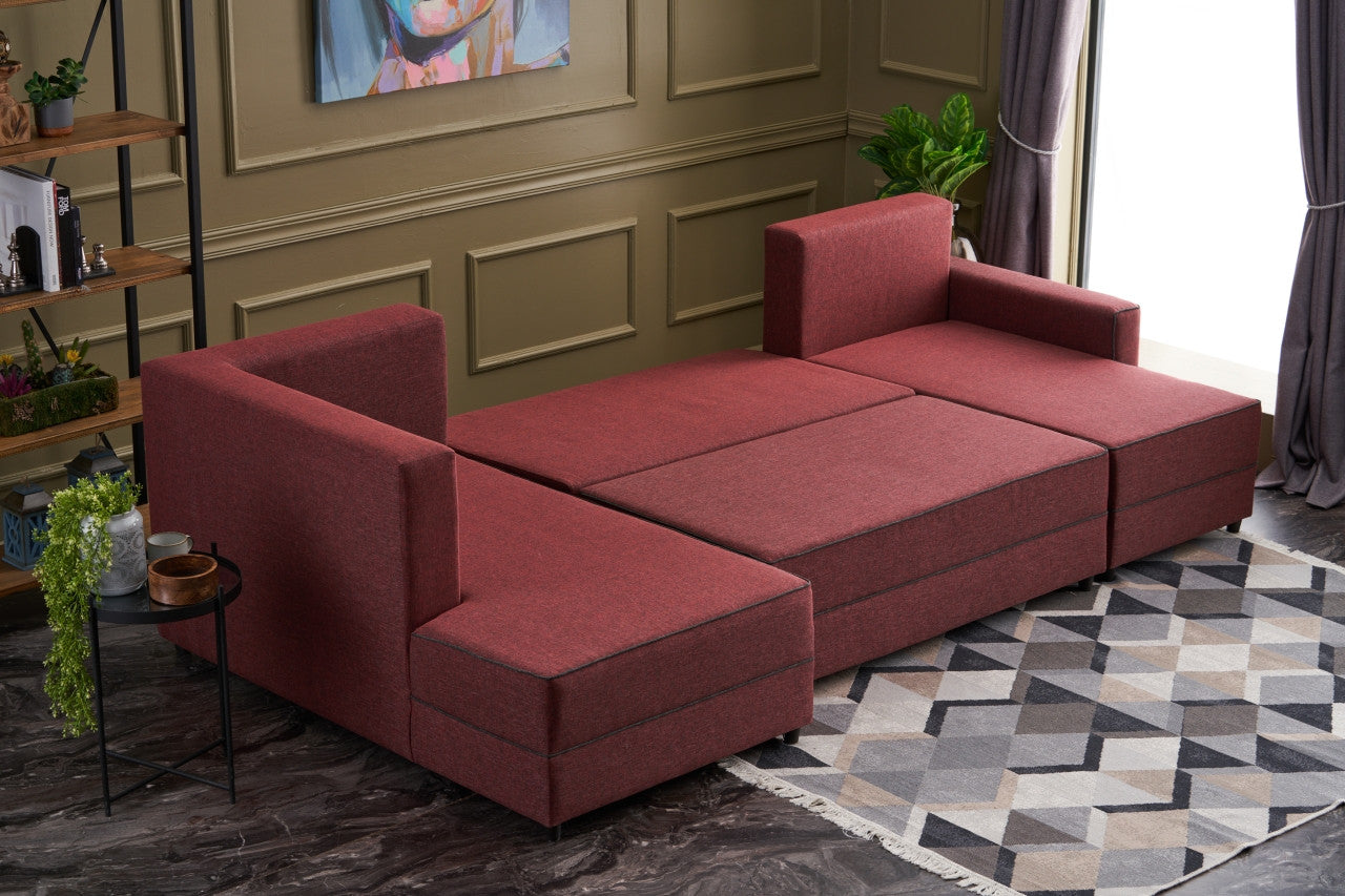 Sofá-cama de canto vermelho Claret, 315 cm | Estrutura em madeira de abeto e MDF, 100% poliéster | Fácil de limpar, design moderno, tamanho de cama 200 x 150 cm, perfeito para salas de estar