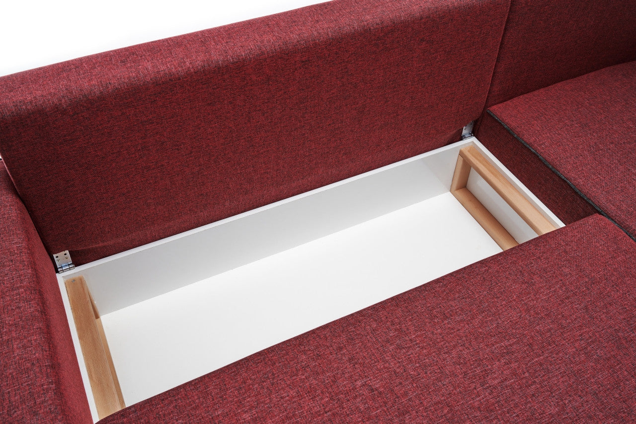 Sofá-cama de canto vermelho Claret, 315 cm | Estrutura em madeira de abeto e MDF, 100% poliéster | Fácil de limpar, design moderno, tamanho de cama 200 x 150 cm, perfeito para salas de estar