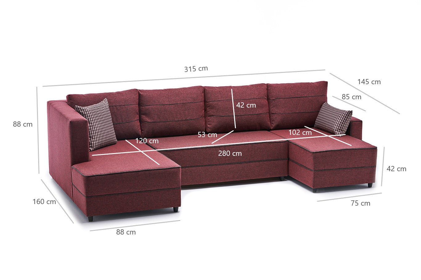 Sofá-cama de canto vermelho Claret, 315 cm | Estrutura em madeira de abeto e MDF, 100% poliéster | Fácil de limpar, design moderno, tamanho de cama 200 x 150 cm, perfeito para salas de estar