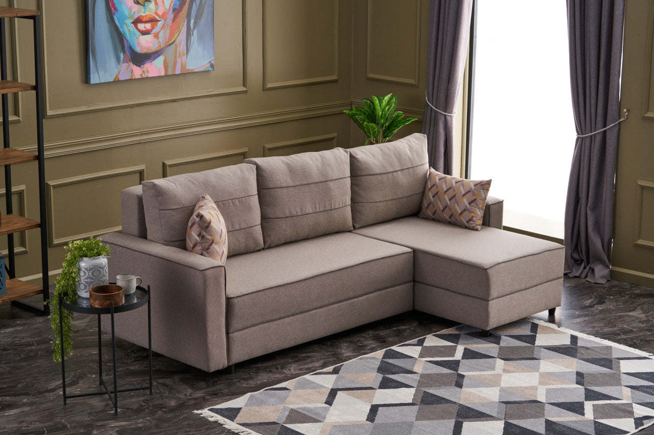 Sofá-cama de canto moderno, creme, 242 cm | Estrutura em madeira de abeto e MDF, 100% poliéster, fácil de limpar | Tamanho da cama: 200 x 150 cm, design escandinavo elegante
