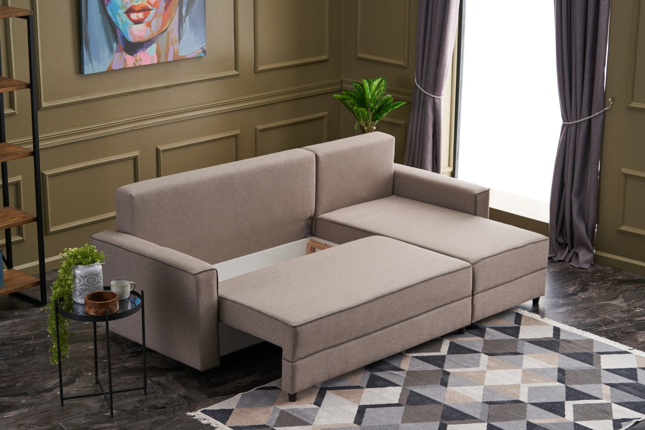 Sofá-cama de canto moderno, creme, 242 cm | Estrutura em madeira de abeto e MDF, 100% poliéster, fácil de limpar | Tamanho da cama: 200 x 150 cm, design escandinavo elegante