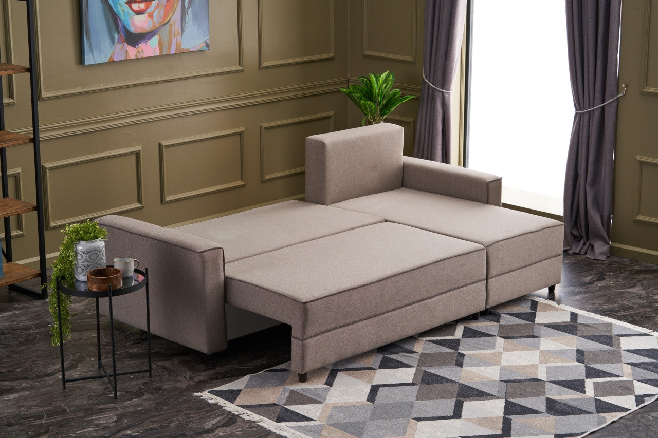 Sofá-cama de canto moderno, creme, 242 cm | Estrutura em madeira de abeto e MDF, 100% poliéster, fácil de limpar | Tamanho da cama: 200 x 150 cm, design escandinavo elegante