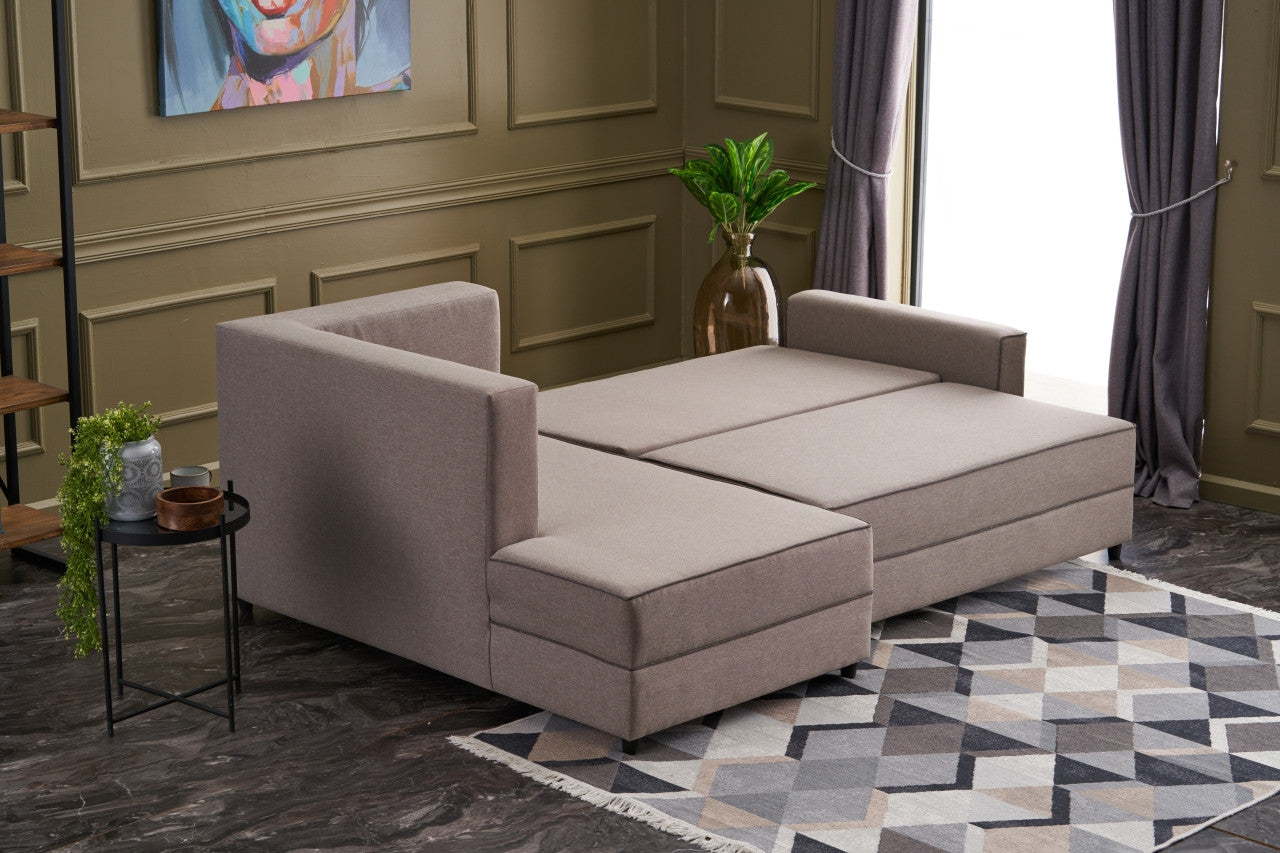Sofá-cama de canto moderno, creme, 242 cm | Estrutura em madeira de abeto e MDF, 100% poliéster, fácil de limpar | Tamanho da cama: 200 x 150 cm, design escandinavo elegante