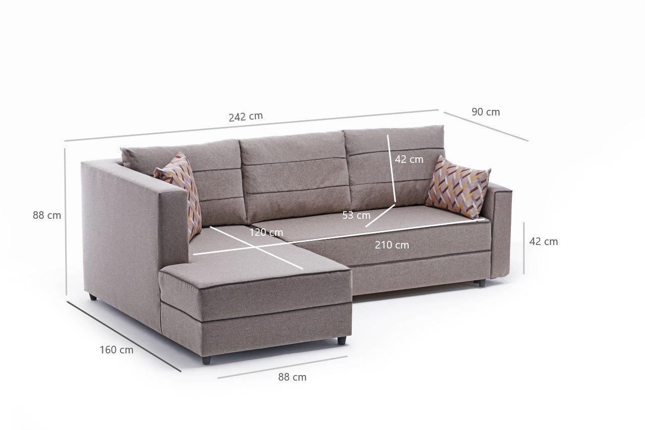 Sofá-cama de canto moderno, creme, 242 cm | Estrutura em madeira de abeto e MDF, 100% poliéster, fácil de limpar | Tamanho da cama: 200 x 150 cm, design escandinavo elegante
