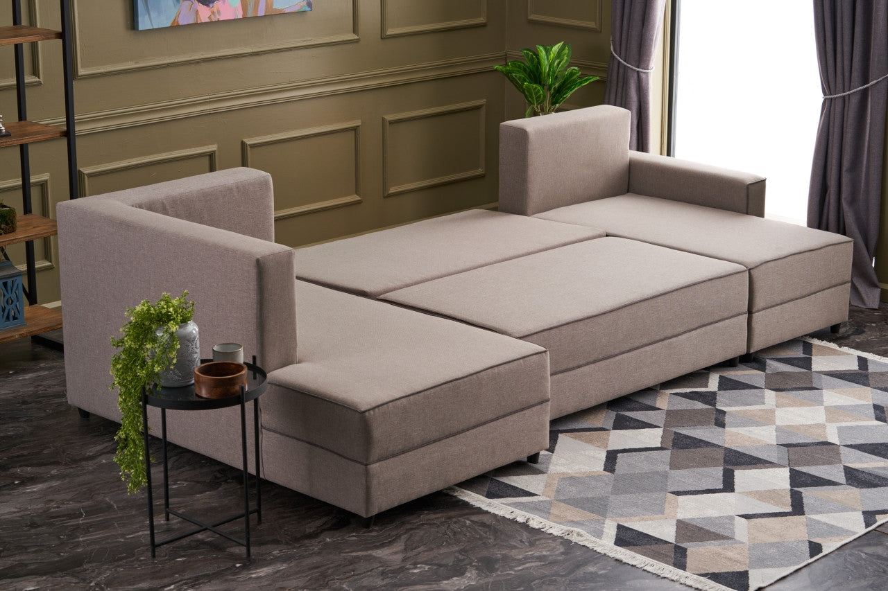 Sofá-cama de canto moderno, creme, 315 cm | Estrutura em madeira de abeto e MDF, 100% poliéster, fácil de limpar | Tamanho da cama: 200 x 150 cm, design escandinavo elegante