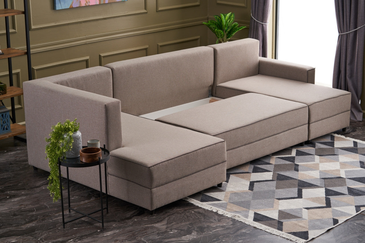 Sofá-cama de canto moderno, creme, 315 cm | Estrutura em madeira de abeto e MDF, 100% poliéster, fácil de limpar | Tamanho da cama: 200 x 150 cm, design escandinavo elegante