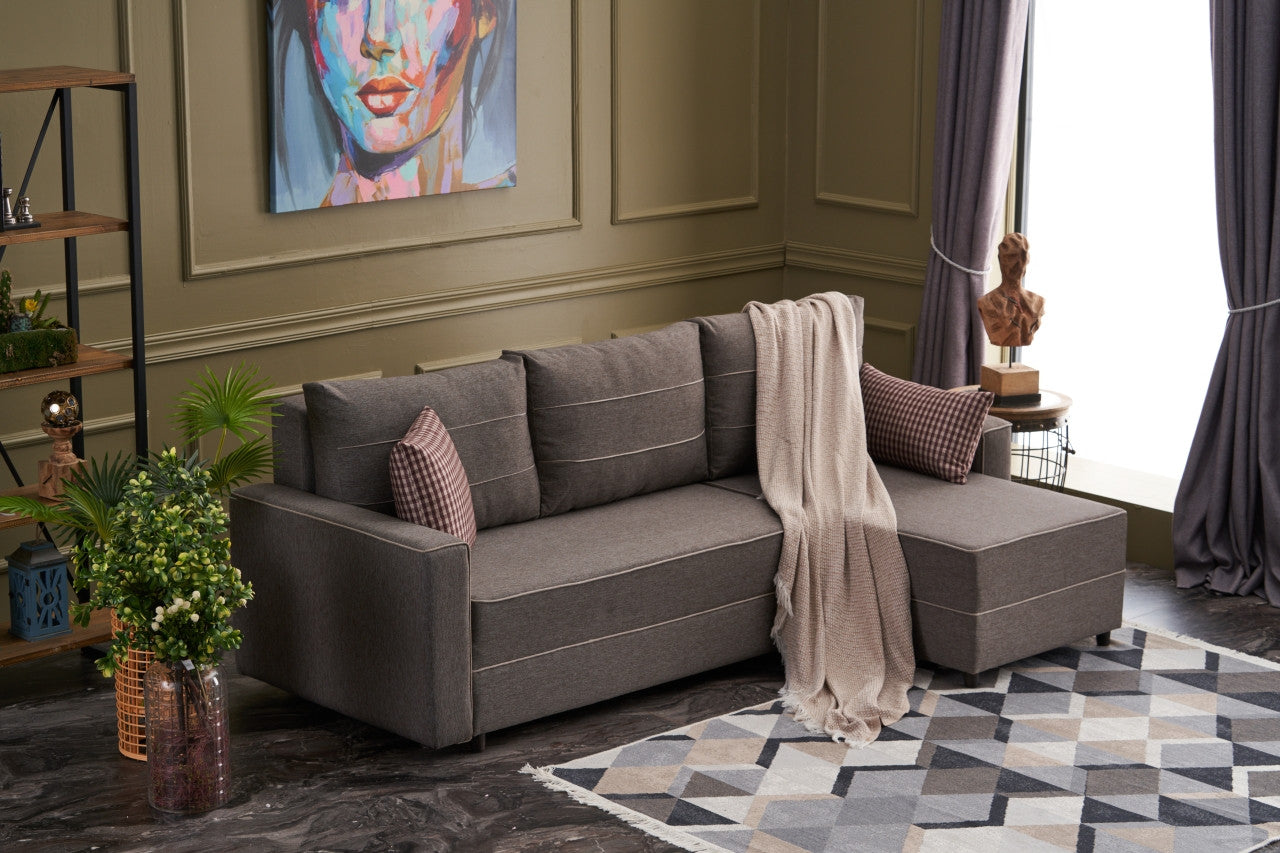 Sofá-cama de canto moderno, marrom, 242 cm | Estrutura em madeira de abeto e MDF, 100% poliéster, fácil de limpar | Tamanho da cama: 200 x 150 cm, design elegante e funcional