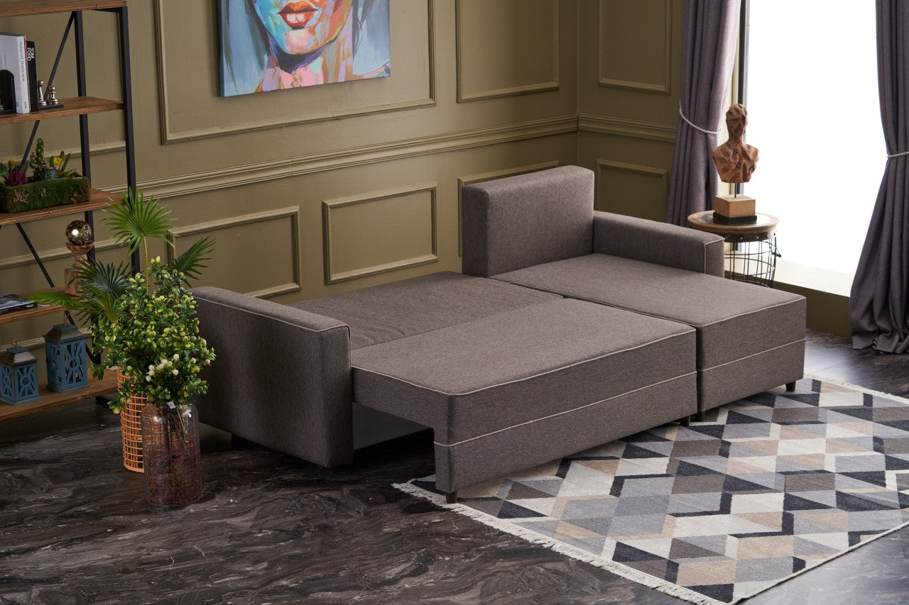 Sofá-cama de canto moderno, marrom, 242 cm | Estrutura em madeira de abeto e MDF, 100% poliéster, fácil de limpar | Tamanho da cama: 200 x 150 cm, design elegante e funcional