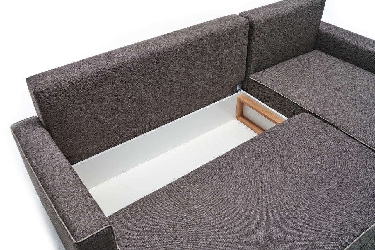 Sofá-cama de canto moderno, marrom, 242 cm | Estrutura em madeira de abeto e MDF, 100% poliéster, fácil de limpar | Tamanho da cama: 200 x 150 cm, design elegante e funcional