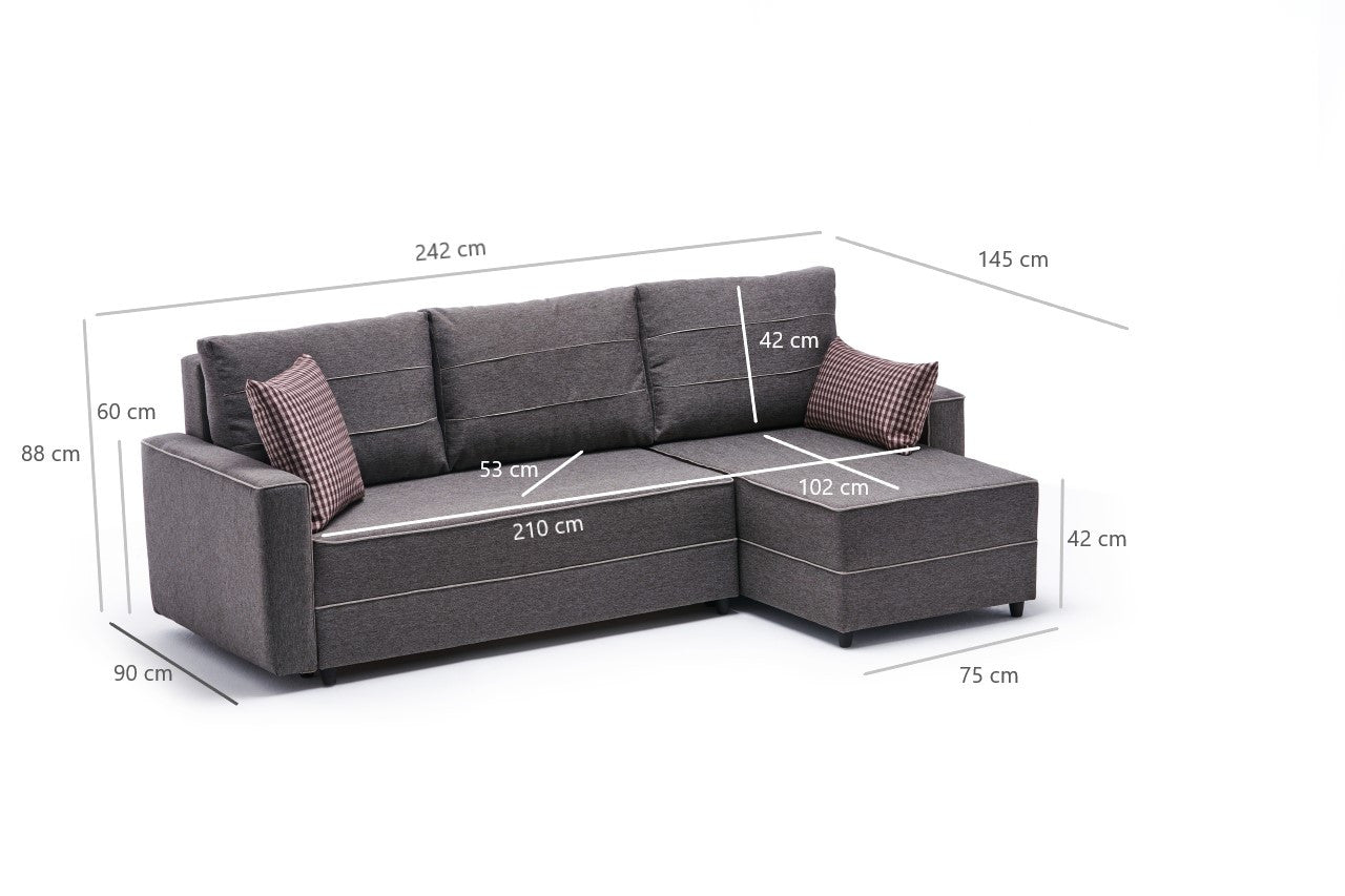 Sofá-cama de canto moderno, marrom, 242 cm | Estrutura em madeira de abeto e MDF, 100% poliéster, fácil de limpar | Tamanho da cama: 200 x 150 cm, design elegante e funcional