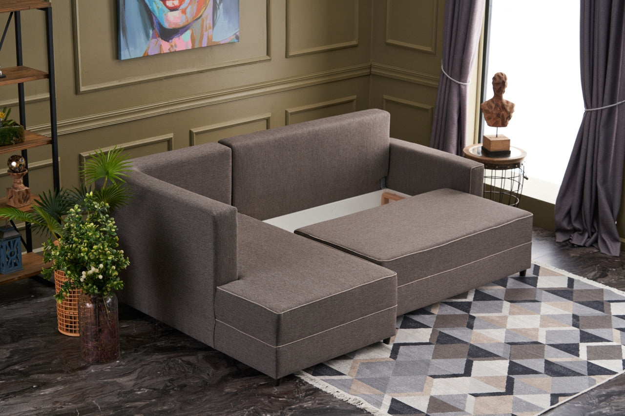 Sofá-cama de canto moderno, marrom, 242 cm | Estrutura em madeira de abeto e MDF, 100% poliéster, fácil de limpar | Tamanho da cama: 200 x 150 cm, design elegante e funcional
