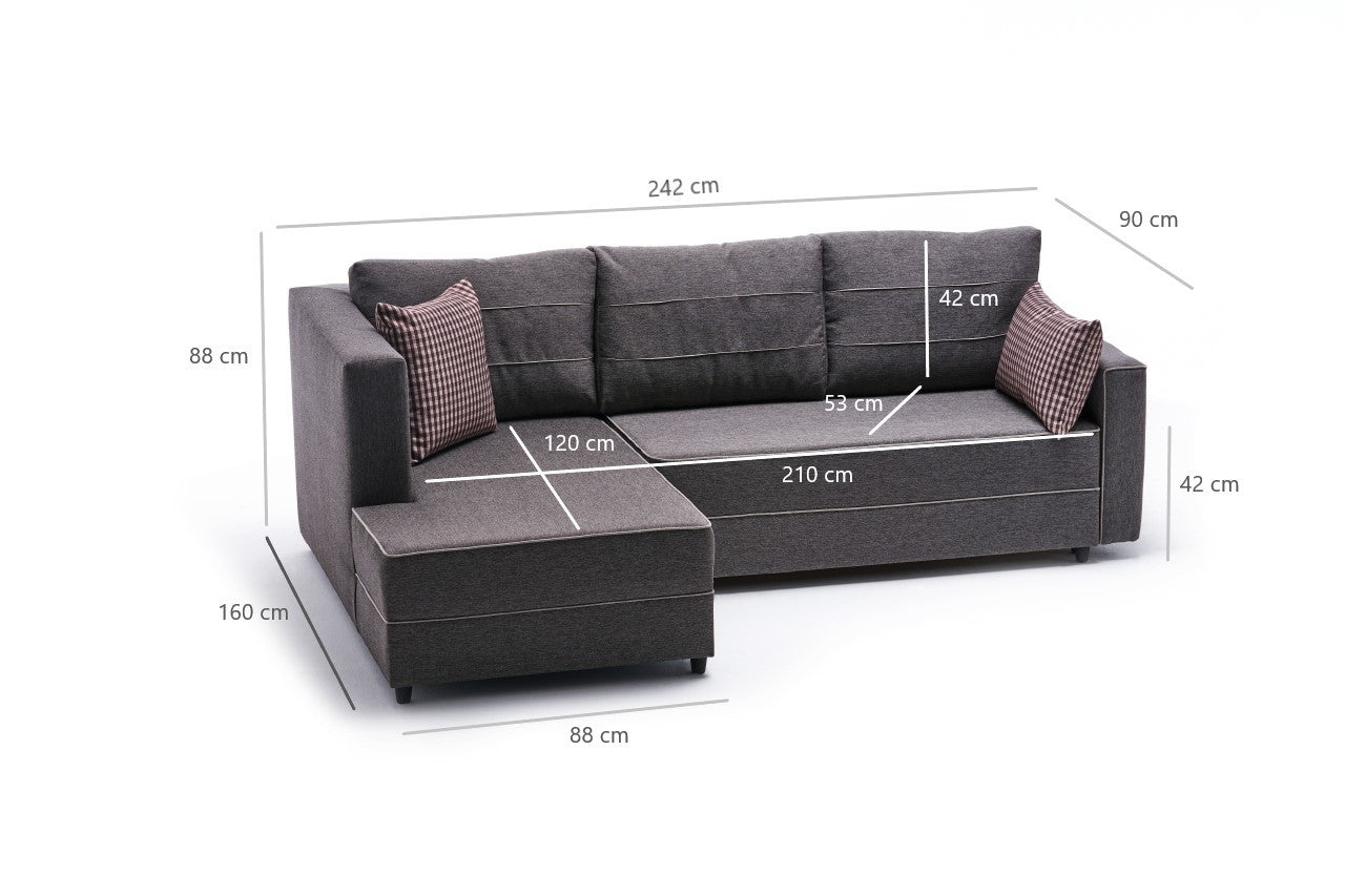 Sofá-cama de canto moderno, marrom, 242 cm | Estrutura em madeira de abeto e MDF, 100% poliéster, fácil de limpar | Tamanho da cama: 200 x 150 cm, design elegante e funcional