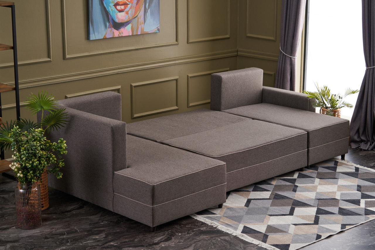 Sofá-cama de canto moderno, marrom, 315 cm | Estrutura em madeira de abeto e MDF, 100% poliéster, fácil de limpar | Tamanho da cama: 200 x 150 cm, design escandinavo elegante
