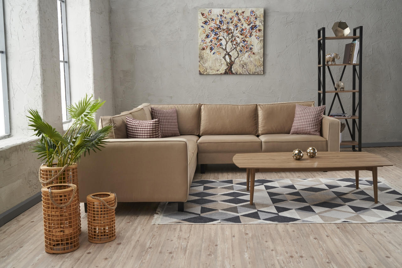 Sofá de canto elegante em creme, estrutura de madeira de faia, 258 cm | Veludo 100% poliéster, espuma 28 DNS, design escandinavo moderno para residências e hotéis