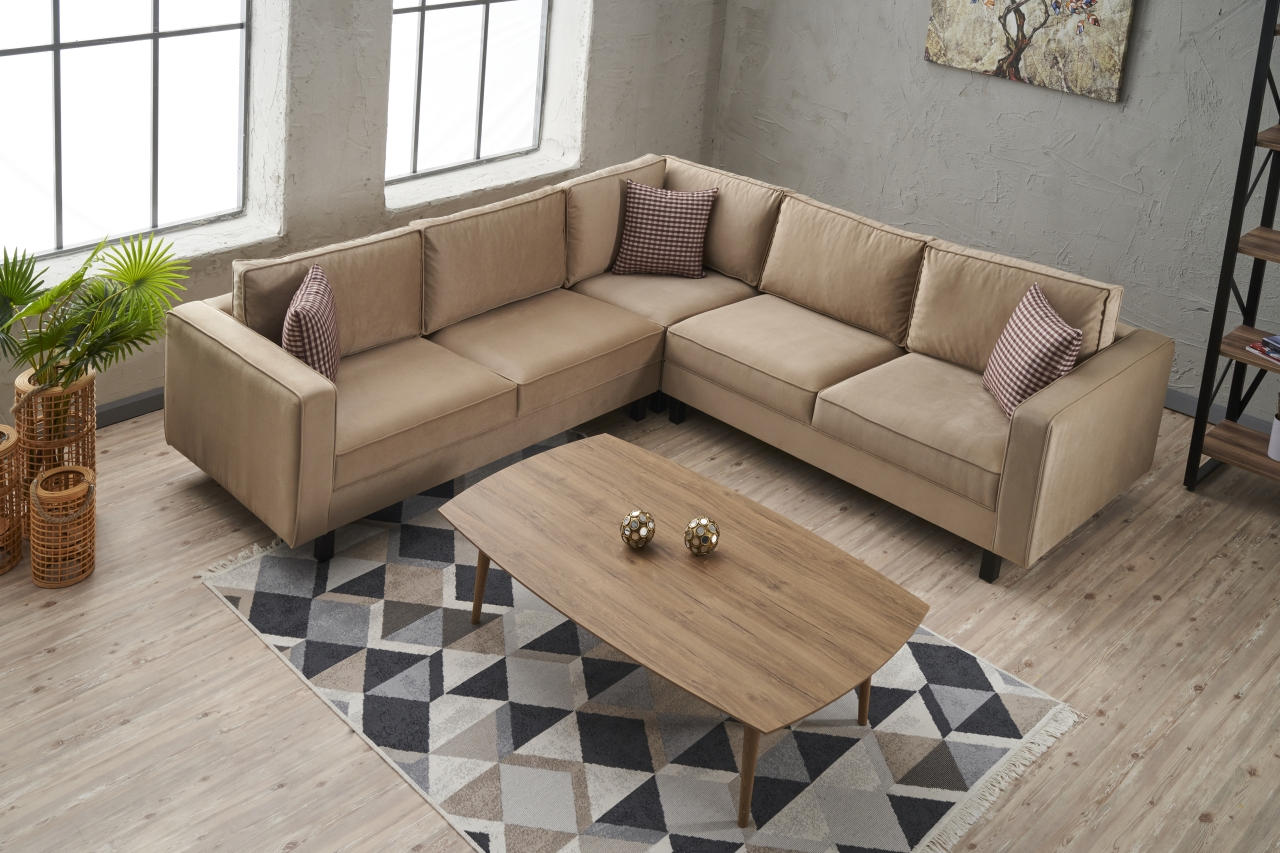 Sofá de canto elegante em creme, estrutura de madeira de faia, 258 cm | Veludo 100% poliéster, espuma 28 DNS, design escandinavo moderno para residências e hotéis