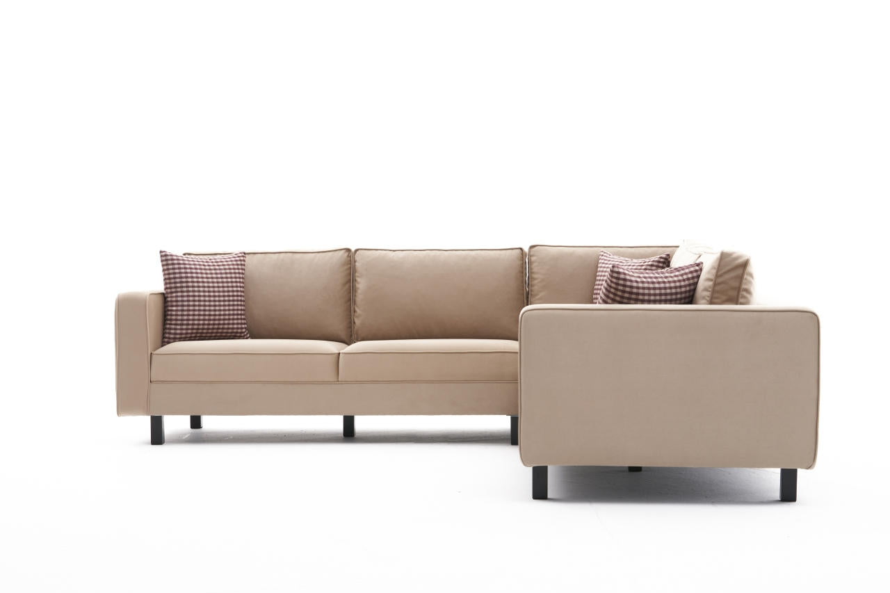 Sofá de canto elegante em creme, estrutura de madeira de faia, 258 cm | Veludo 100% poliéster, espuma 28 DNS, design escandinavo moderno para residências e hotéis