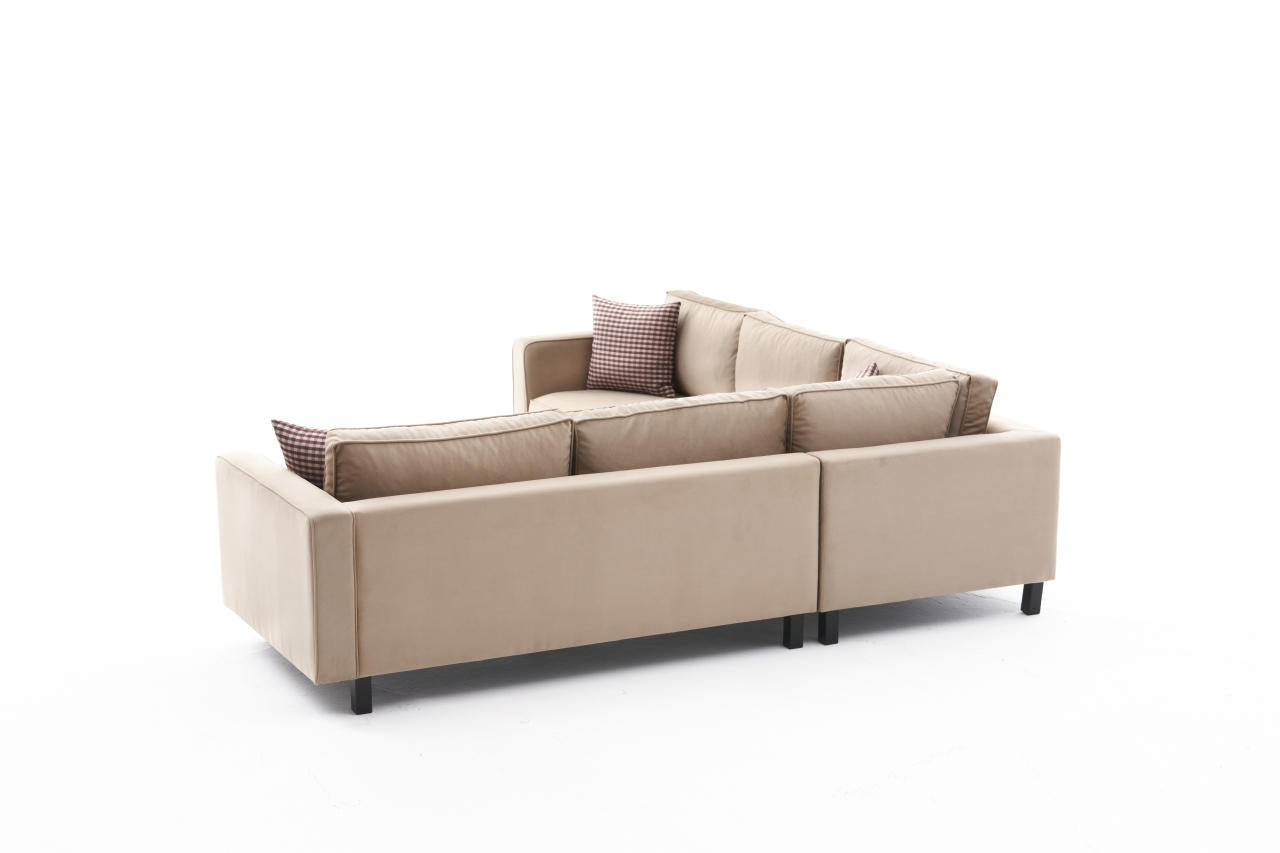 Sofá de canto elegante em creme, estrutura de madeira de faia, 258 cm | Veludo 100% poliéster, espuma 28 DNS, design escandinavo moderno para residências e hotéis