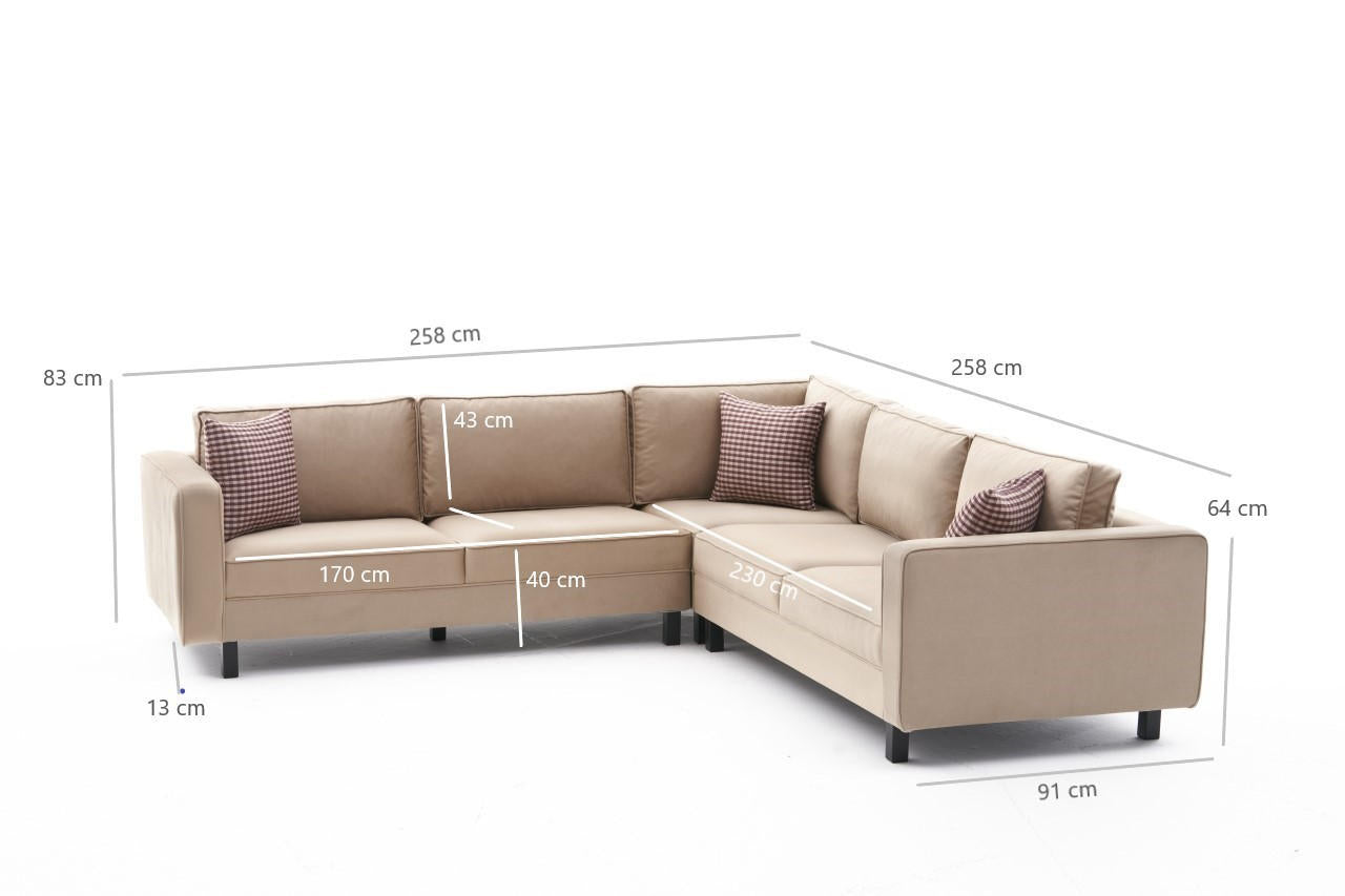 Sofá de canto elegante em creme, estrutura de madeira de faia, 258 cm | Veludo 100% poliéster, espuma 28 DNS, design escandinavo moderno para residências e hotéis