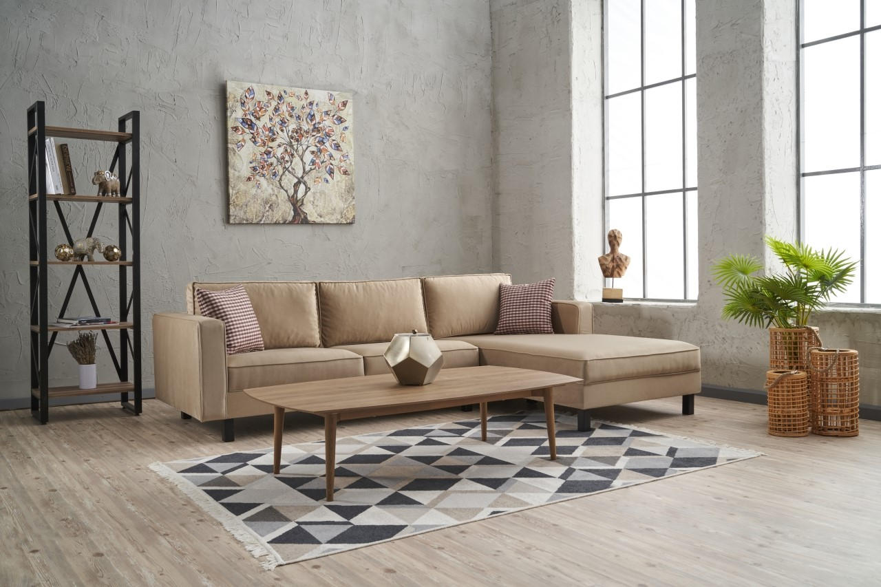 Sofá de canto elegante em creme, estrutura de madeira de faia, 258 x 181 x 83 cm | Veludo 100% poliéster, espuma 28 DNS, perfeito para casas modernas e escandinavas