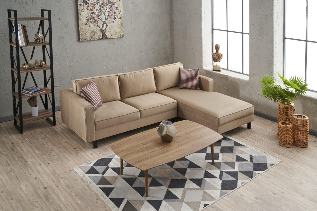 Sofá de canto elegante em creme, estrutura de madeira de faia, 258 x 181 x 83 cm | Veludo 100% poliéster, espuma 28 DNS, perfeito para casas modernas e escandinavas