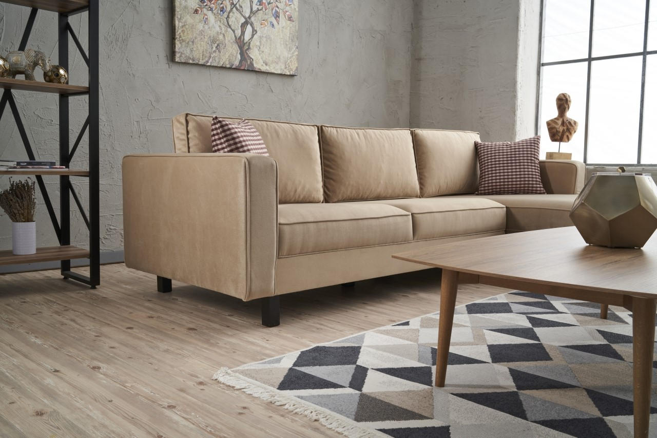 Sofá de canto elegante em creme, estrutura de madeira de faia, 258 x 181 x 83 cm | Veludo 100% poliéster, espuma 28 DNS, perfeito para casas modernas e escandinavas