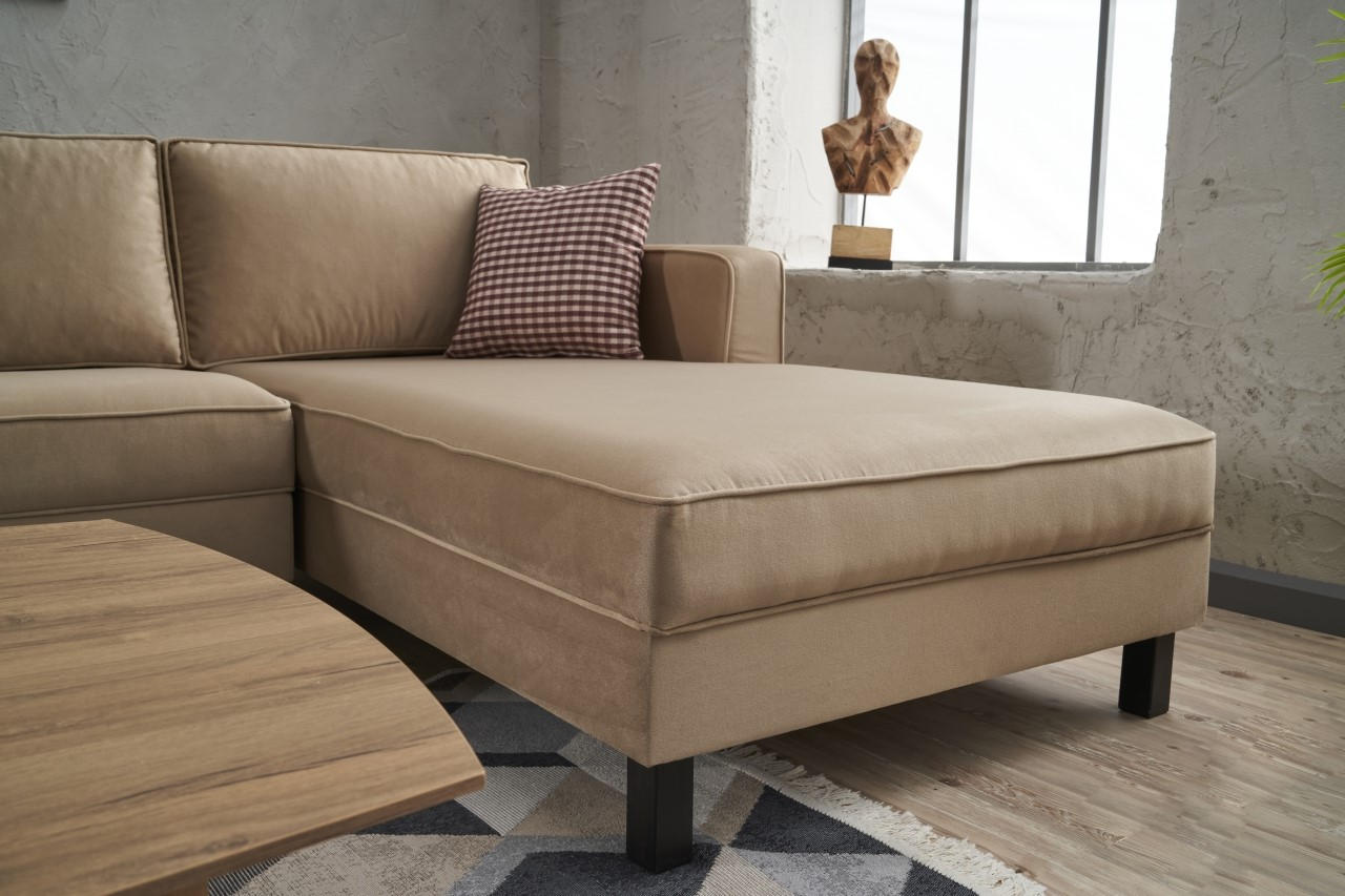 Sofá de canto elegante em creme, estrutura de madeira de faia, 258 x 181 x 83 cm | Veludo 100% poliéster, espuma 28 DNS, perfeito para casas modernas e escandinavas