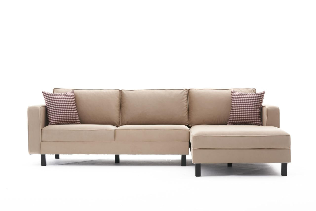 Sofá de canto elegante em creme, estrutura de madeira de faia, 258 x 181 x 83 cm | Veludo 100% poliéster, espuma 28 DNS, perfeito para casas modernas e escandinavas