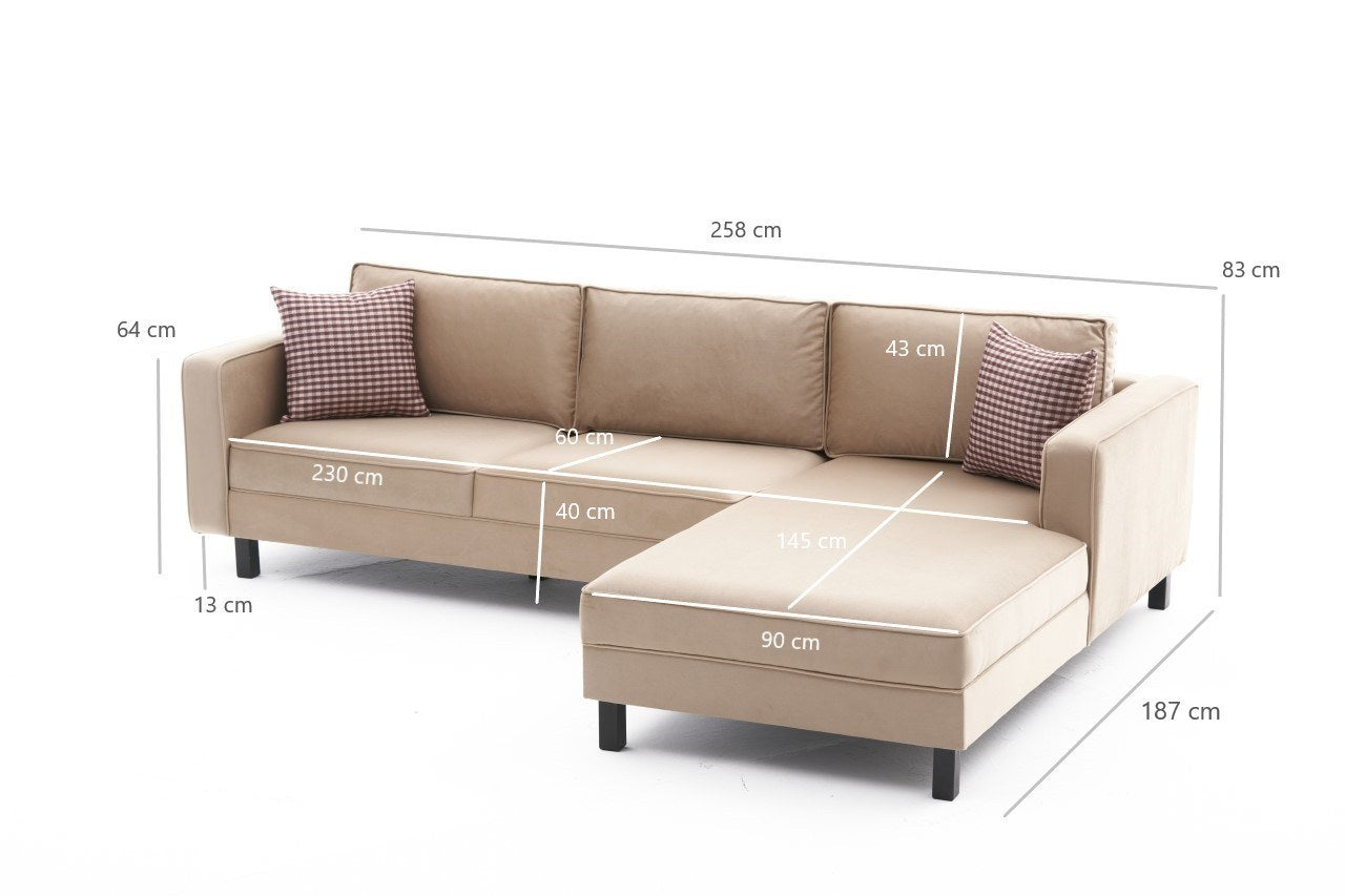 Sofá de canto elegante em creme, estrutura de madeira de faia, 258 x 181 x 83 cm | Veludo 100% poliéster, espuma 28 DNS, perfeito para casas modernas e escandinavas