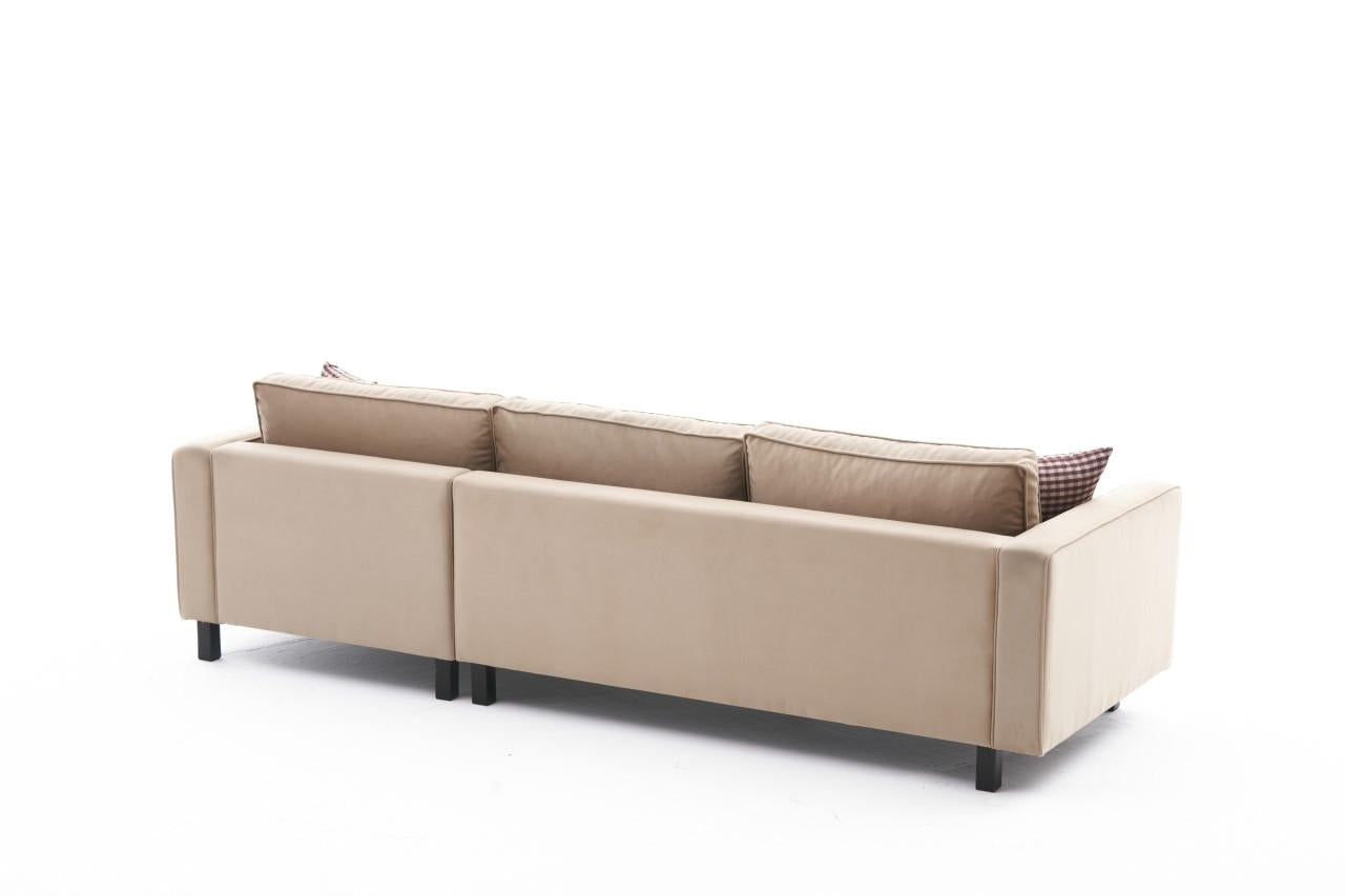 Sofá de canto elegante em creme, estrutura de madeira de faia, 258 x 181 x 83 cm | Veludo 100% poliéster, espuma 28 DNS, perfeito para casas modernas e escandinavas