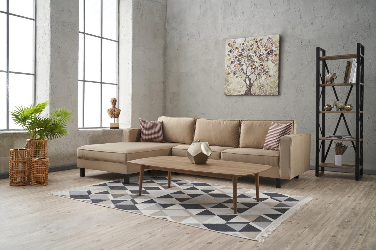 Sofá de canto elegante em creme, estrutura de madeira de faia, 258 x 181 x 83 cm | Veludo 100% poliéster, espuma 28 DNS, perfeito para casas modernas e escandinavas